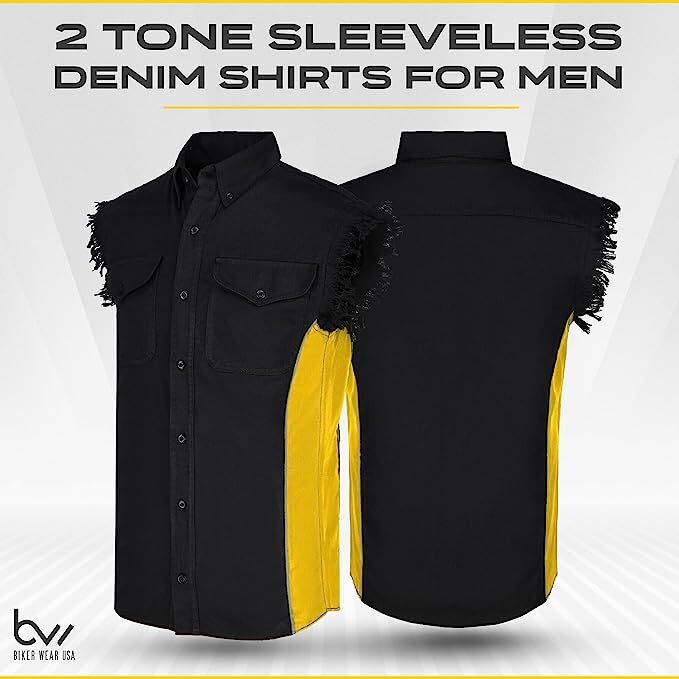 MEN&rsquo;S SLEEVELESS DENIM SHIRTS – 2-TONE – WITH VERTICAL REFLECTIVE SAFETY LINING