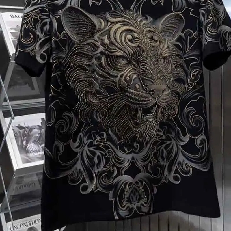 New Fashion Trend Lion Hot Diamonds Rhinestones Black Summer Luxury Men T-Shirt