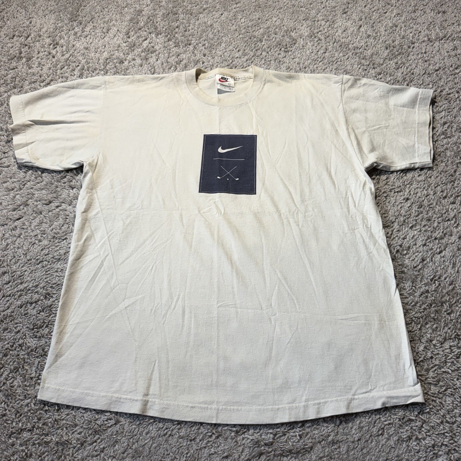 90s Vintage Nike Golf Swoosh Tee Large White Cream Tiger Woods Made USA Cotton