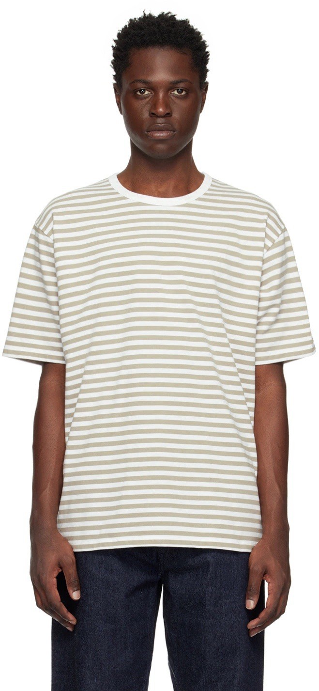 Nanamica Taupe & White Striped T-Shirt Short Sleeve Men’s S Japan Beige Vintage