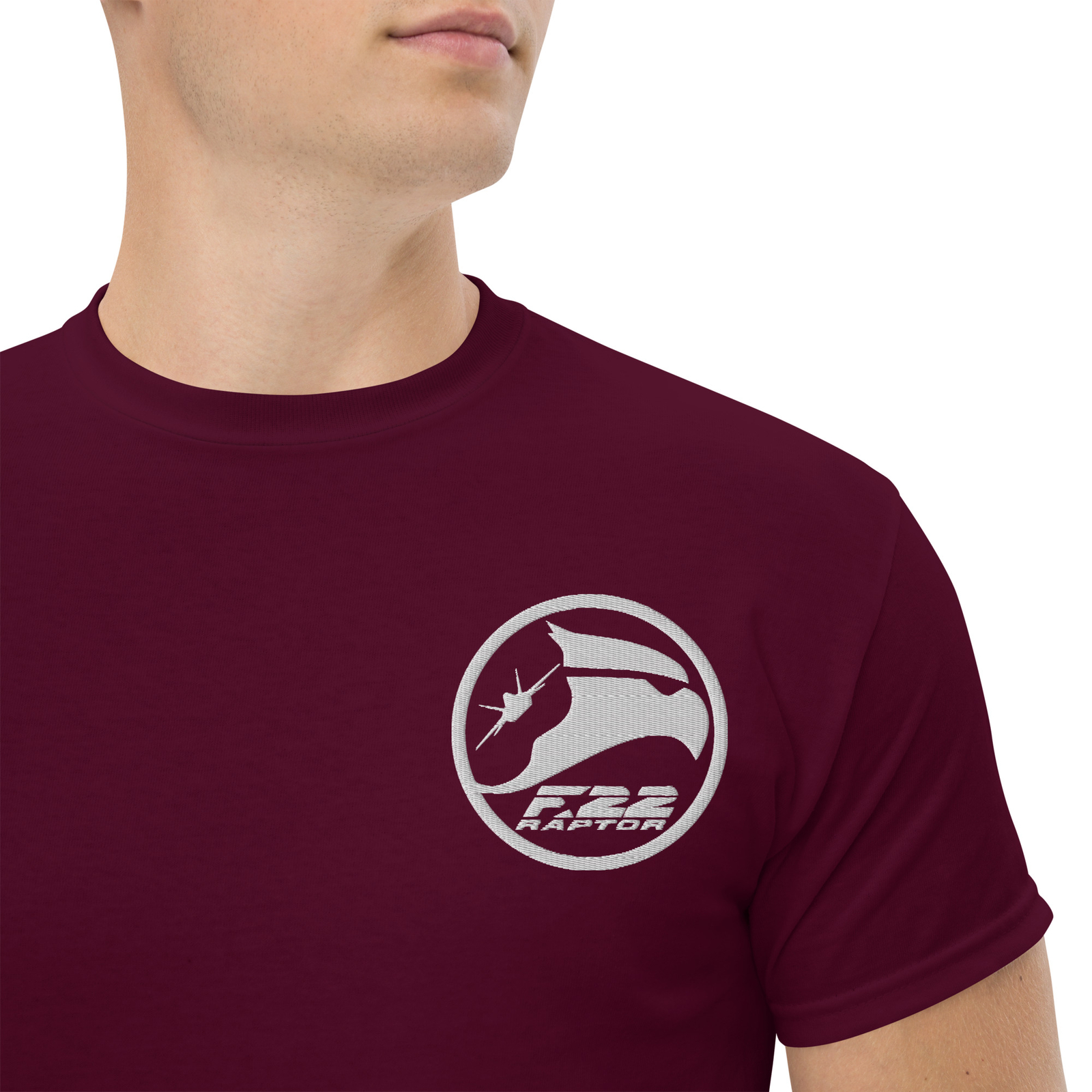 F-22 Raptor Fighter Jet T-Shirt with Embroidered Logo and Infographic Design
