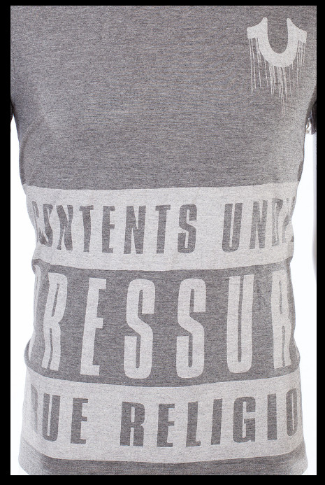 $68 TRUE RELIGION Grey CONTENTS Short Sleeve Designer Graphic T-shirt NWT