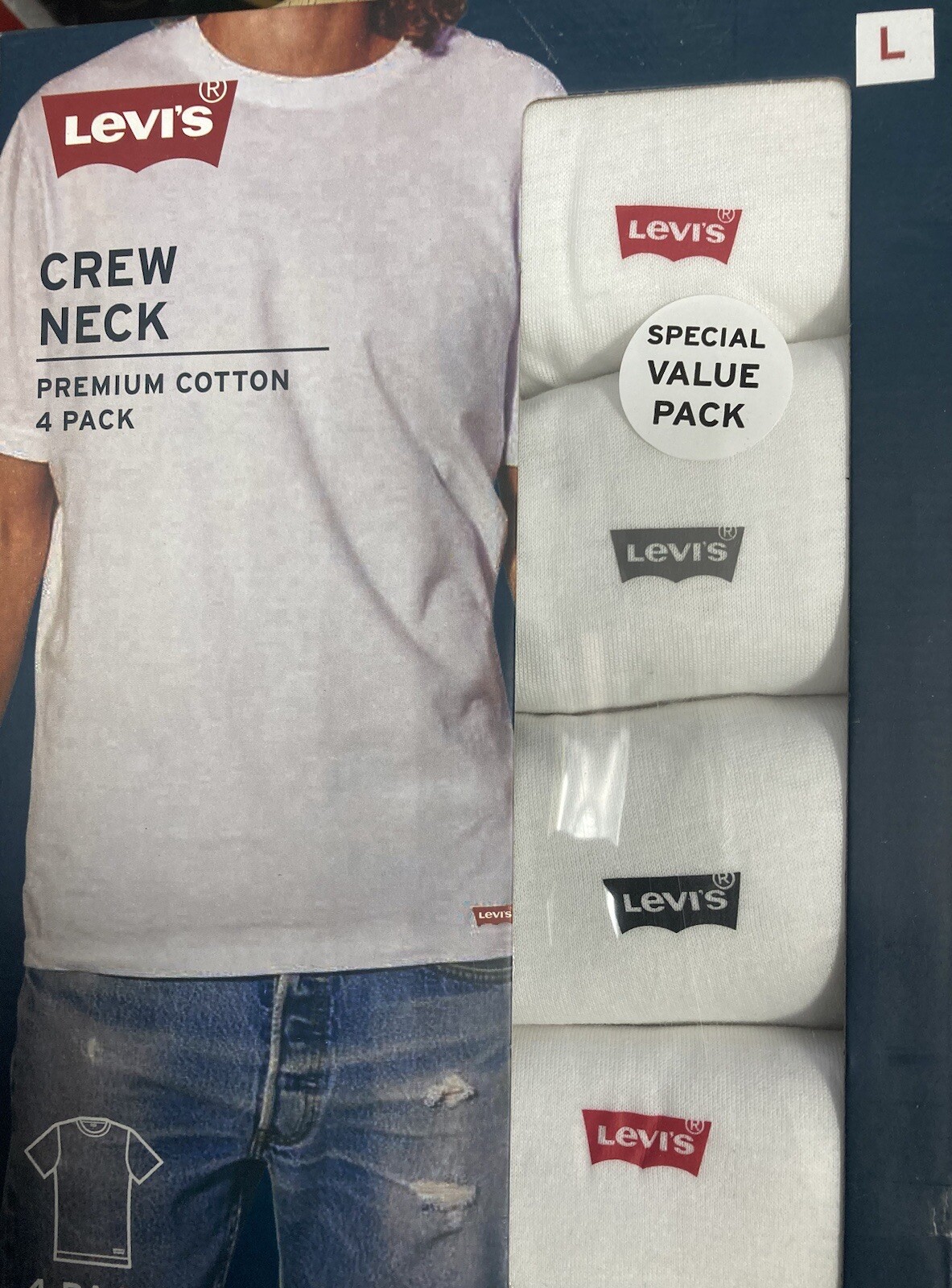 Levi&rsquo;s 4 Pk Crew Neck T-Shirts Large White 100% Premium Cotton, Tag-Free Levis