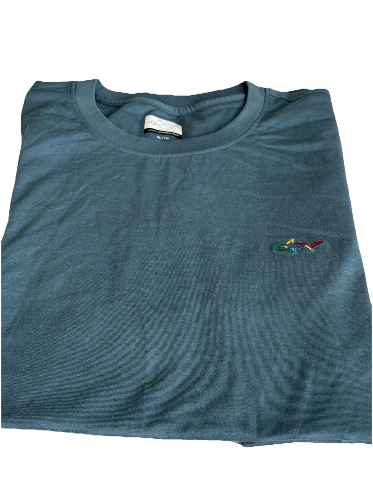 Greg Norman Men XL T-Shirt Blue Gray Cotton Short Sleeve Embroidered Shark Logo