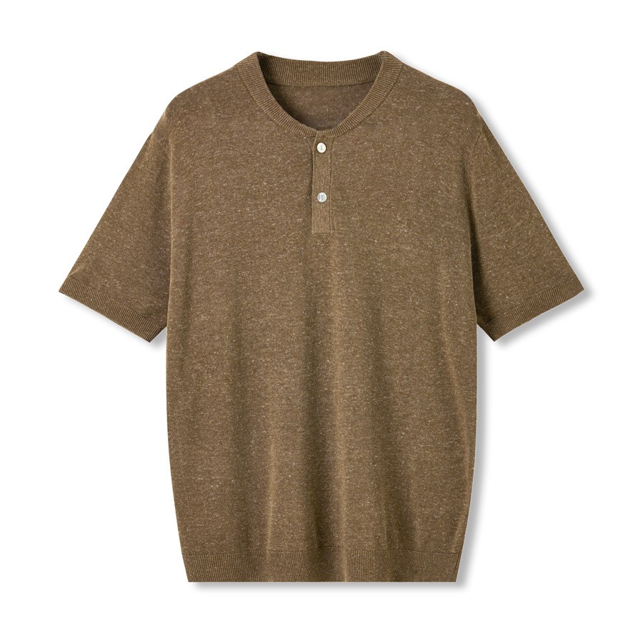 Retro Henry Collar Knitted Short-Sleeved T-Shirt Men Business Linen Blend Top