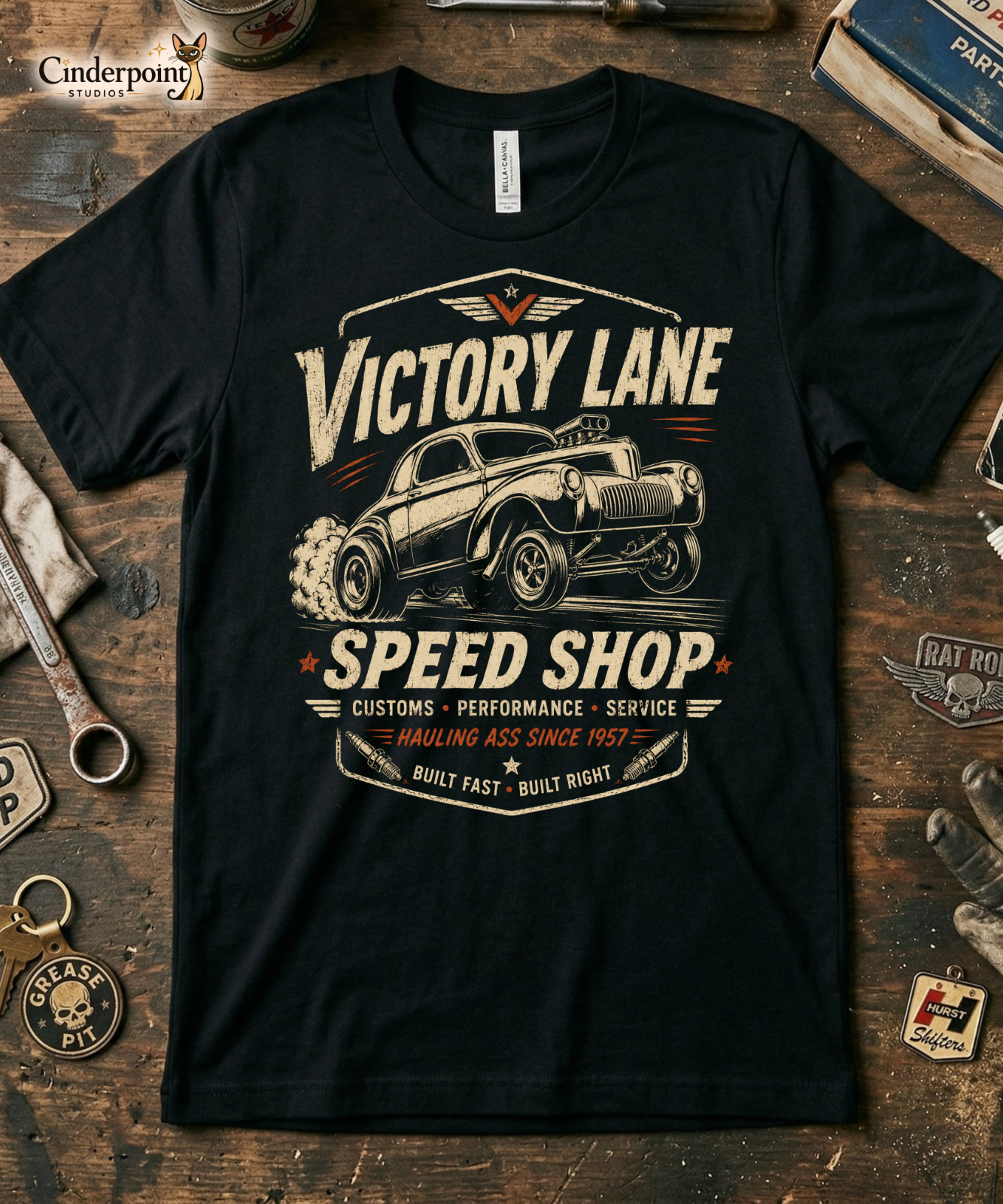 Victory Lane Speed Shop Shirt Hot Rod Hauling Ass Gasser Drag Racing Tee XS-5XL