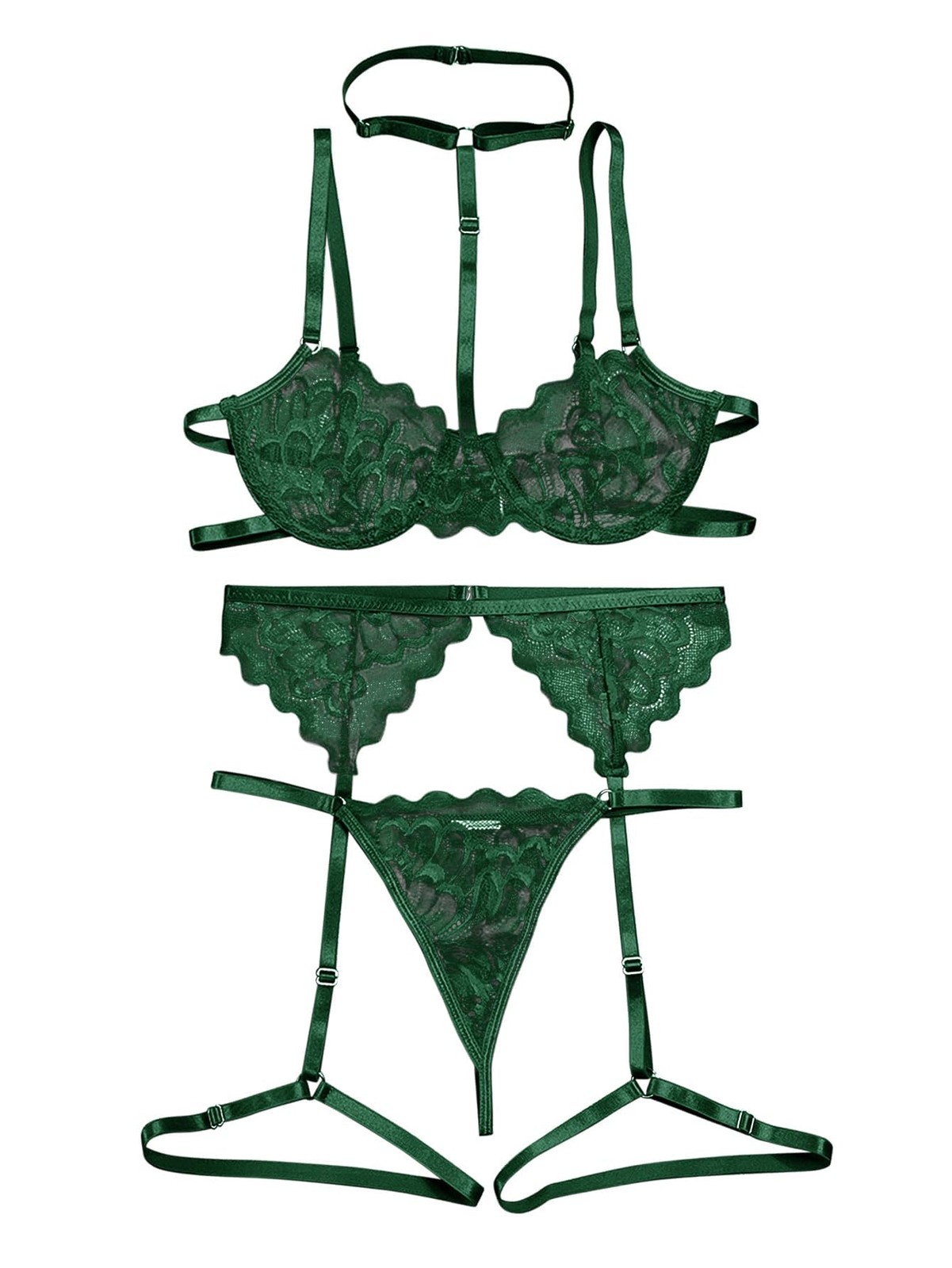 Sexy Choker Scallop Underwire Floral Lace Sheer Garter Belt Lingerie Set 3 Pi…