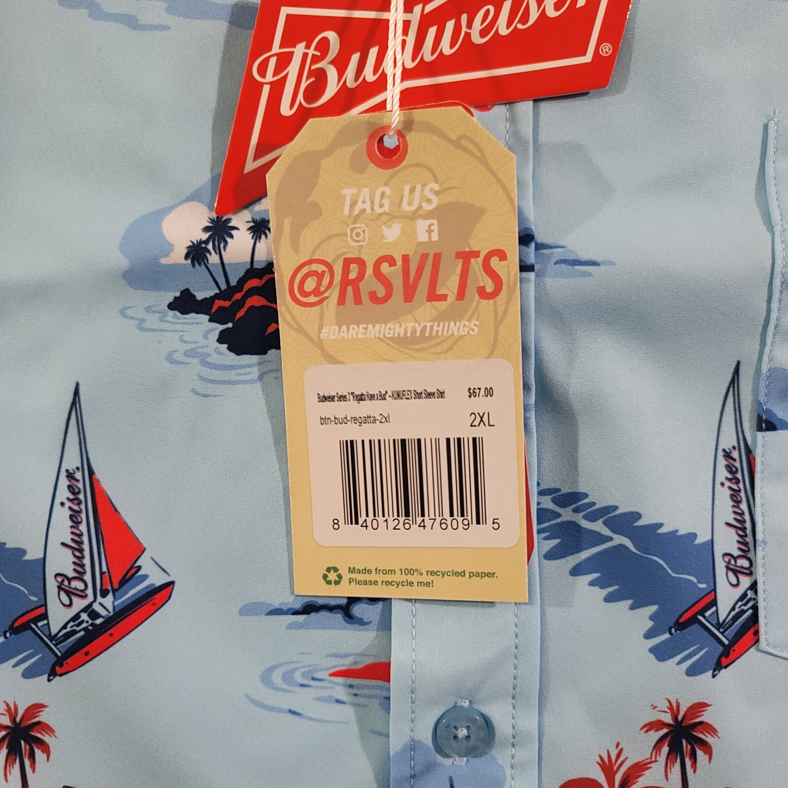 RSVLTS Shirt Mens Size 2XL Regatta Have A Bud Short Sleeve Button Down Blue