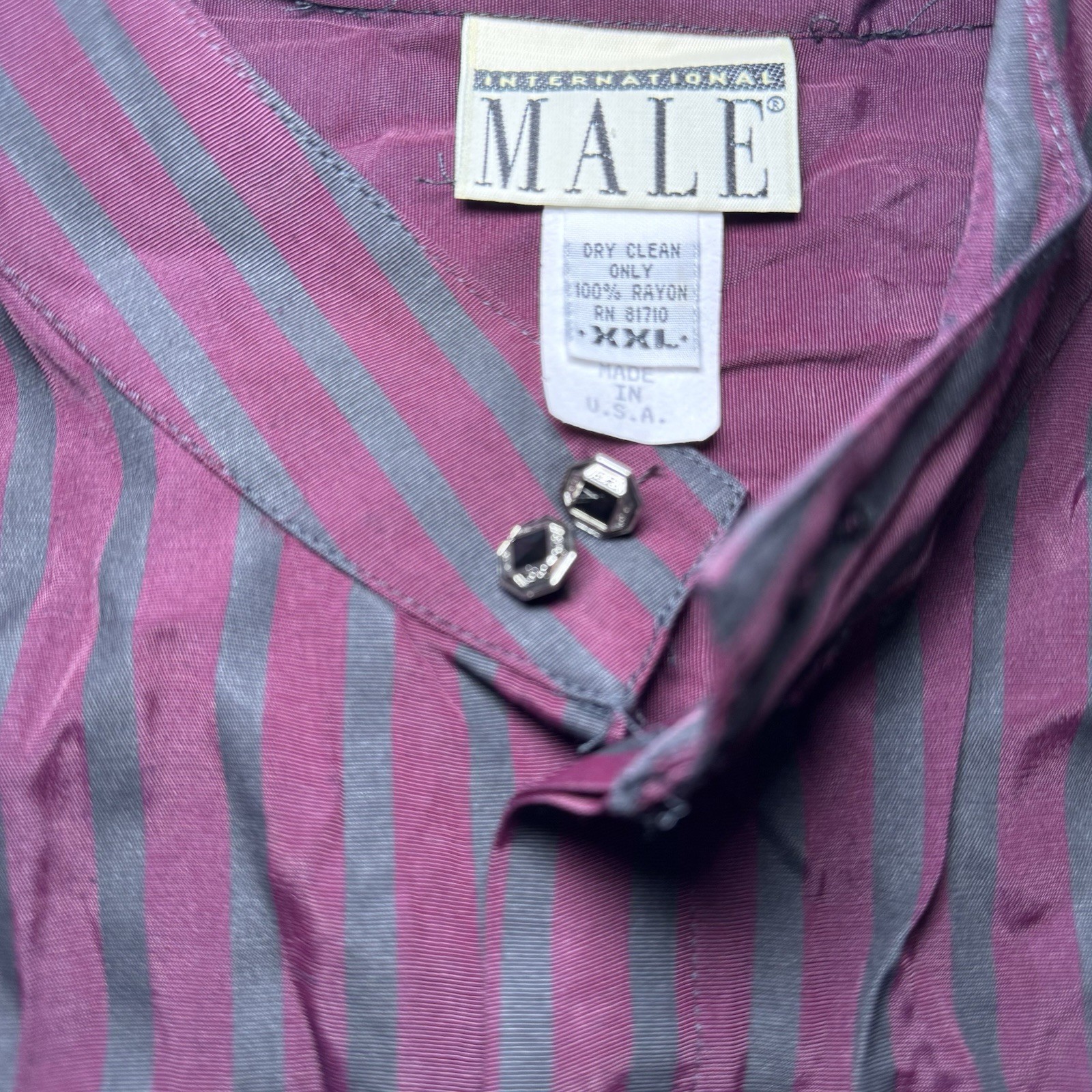 Intl Male Black Satin Stripe Shirt Large Glam Rock Goth Clubwear Vintage 80s