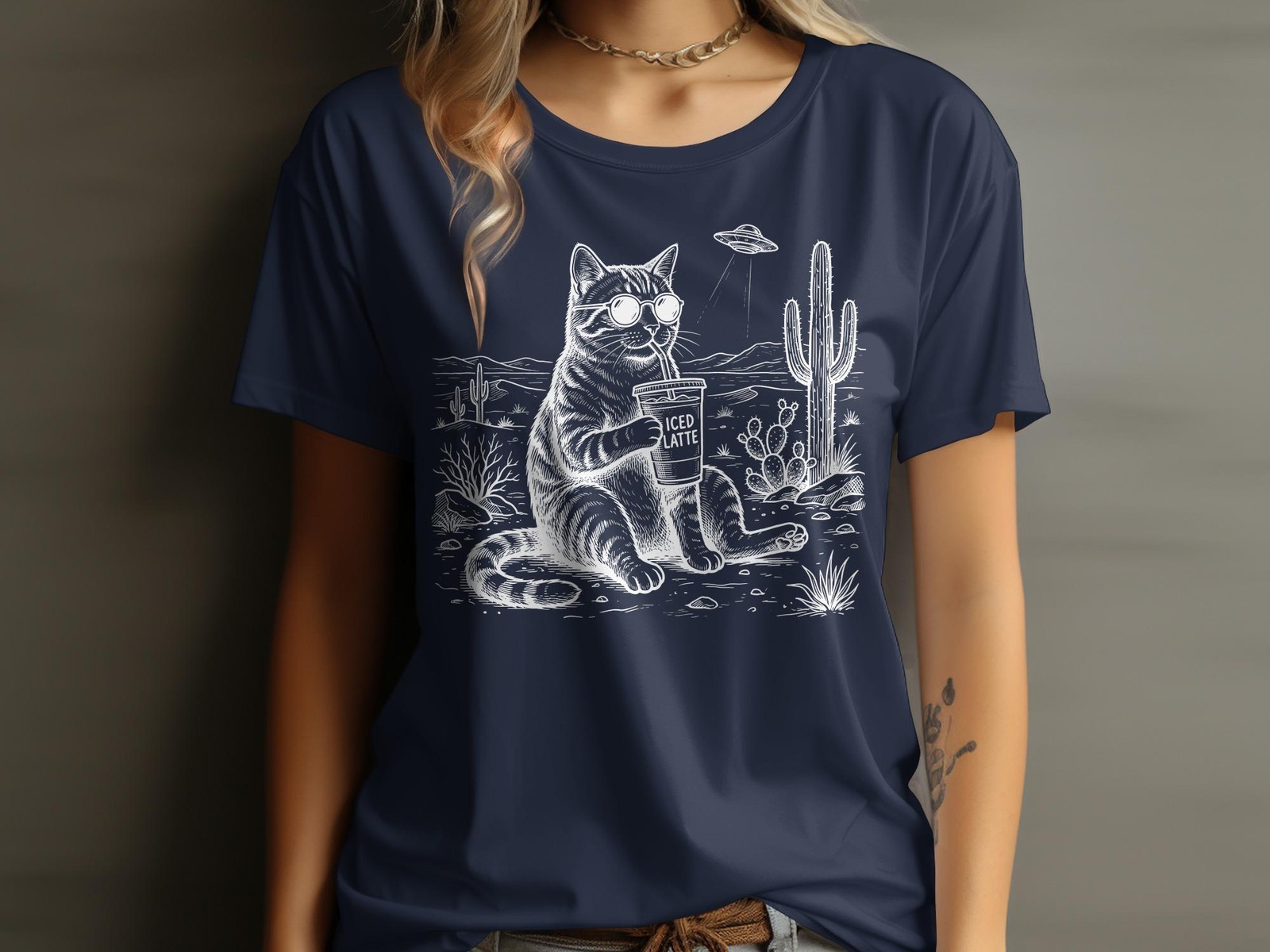 Cool Cat Iced Latte T-Shirt, Funny Tabby in Sunglasses, Desert Cactus Scene,