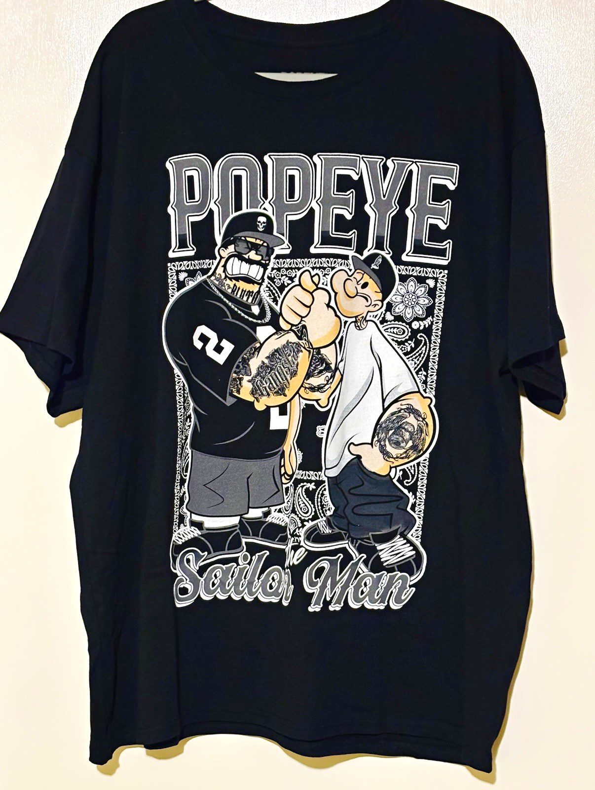 Men’s 2XL Black Crew Neck Short Sleeve Knit Popeye Cartoon Graphic Print Tee