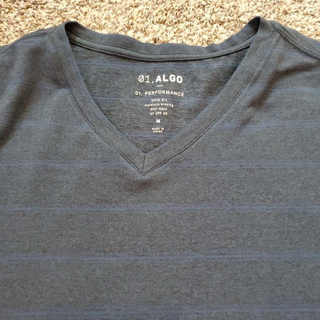 Mens Med 01.Algo T-Shirt Blue Striped V-Neck Quick Dry Active Casual Athleisure