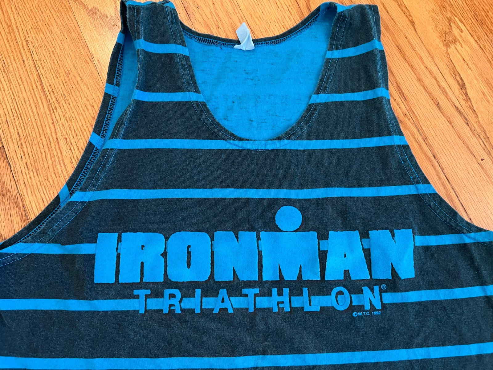 VTG 90s Ironman Triathlon Blue Striped Muscle Tank Top Shirt Medium Bodybuilding