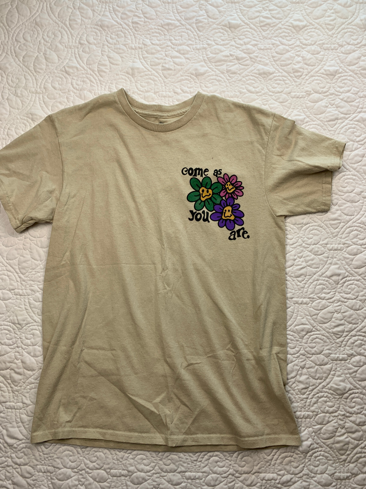 Peace Of Mind Shirt Men&rsquo;s Medium Brown Tan Come As You Are Flowers Short Sleeve