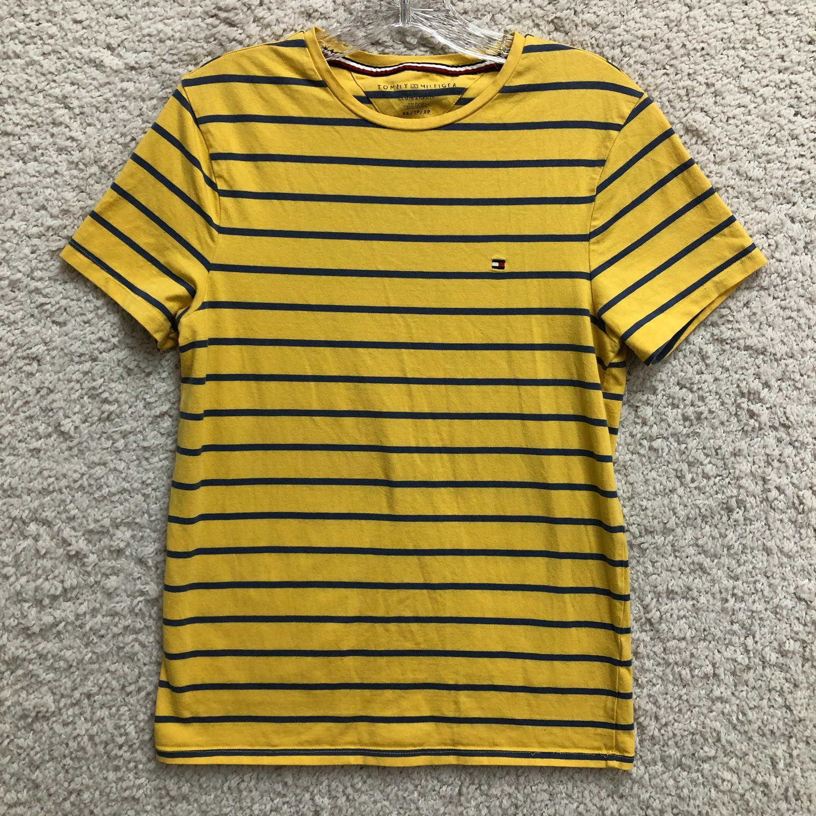Tommy Hilfiger Shirt Extra Small Adult Yellow Slim Fit Striped Short Sleeve Mens
