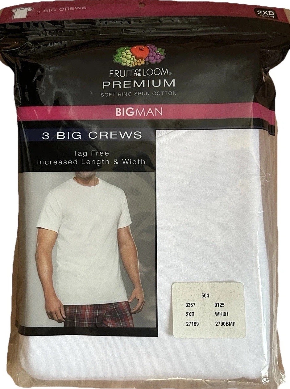 Fruit of the Loom Men&rsquo;s BIGMAN Crew Neck T-Shirt 3-Pack DM3 White Size 2XB NEW