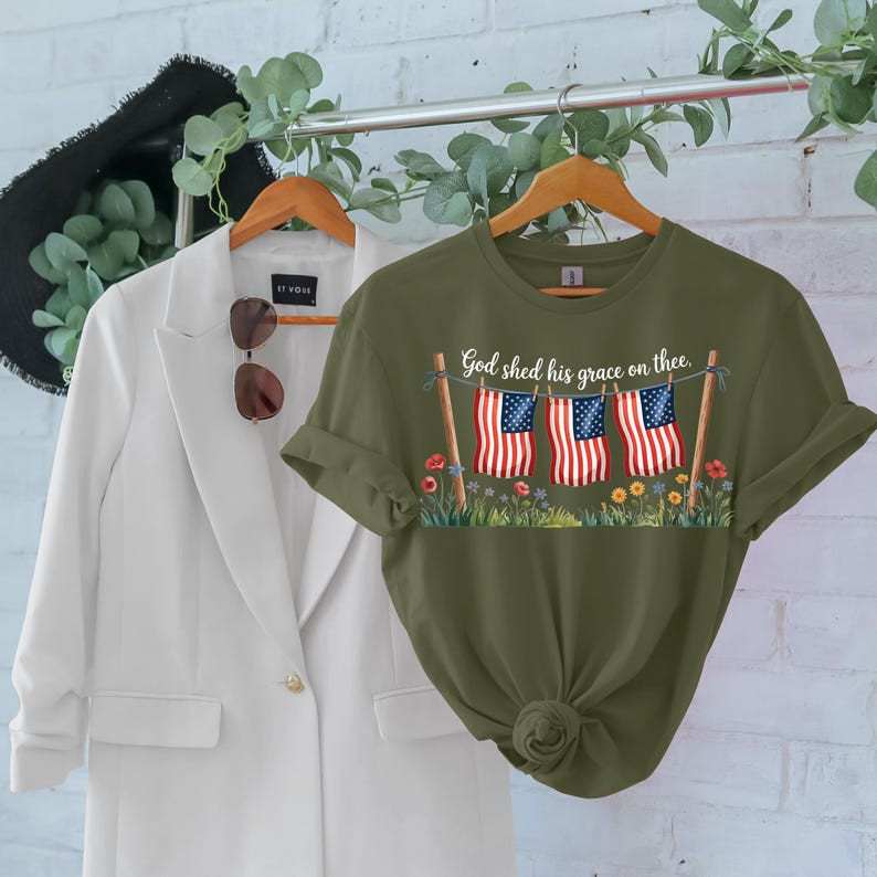 God Shed His Grace Graphic Tee Christian Patriotic Shirt Vintage Flag Apparel