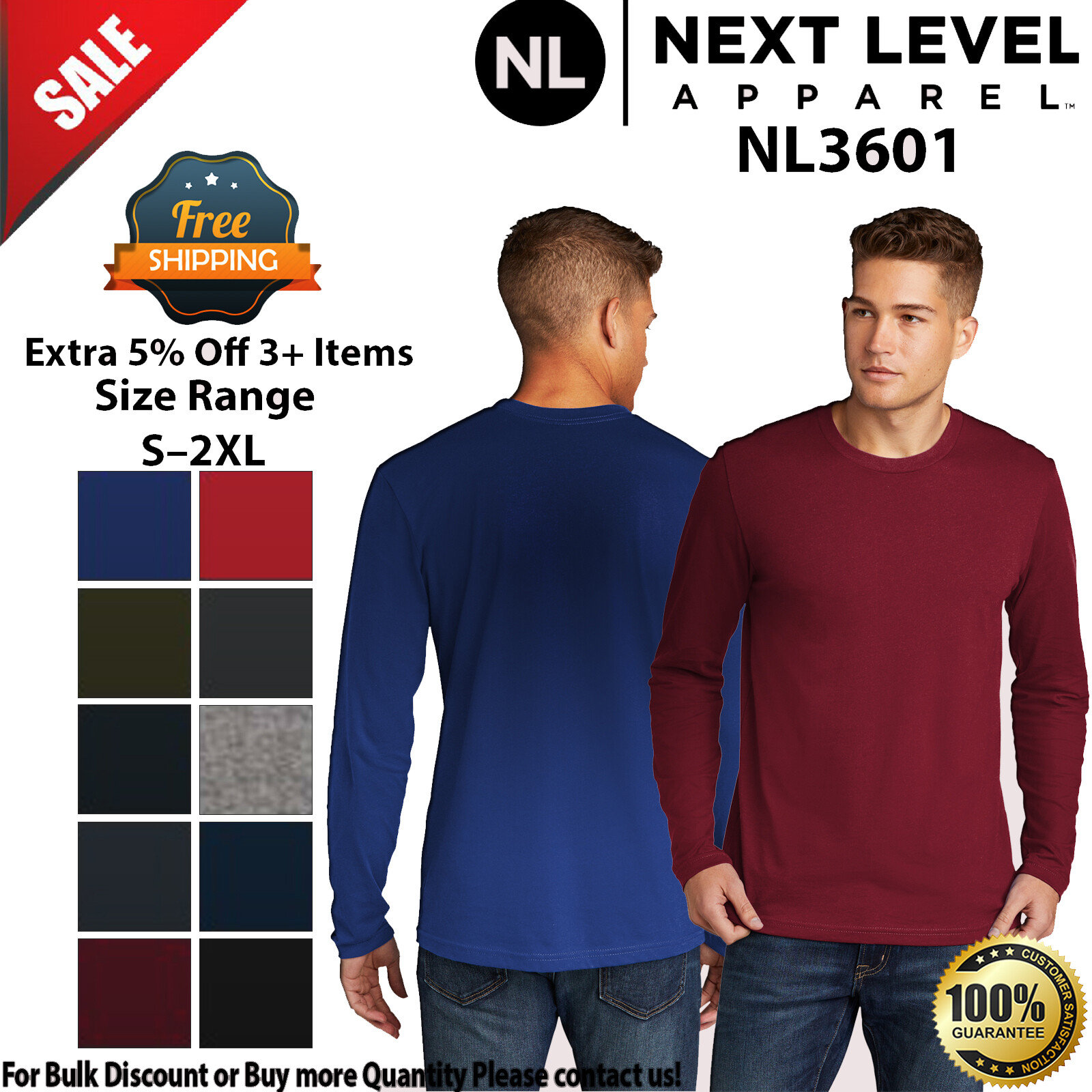 Next Level Apparel N3601 Mens Long Sleeve Cotton Crew Neck Stylish T-Shirt