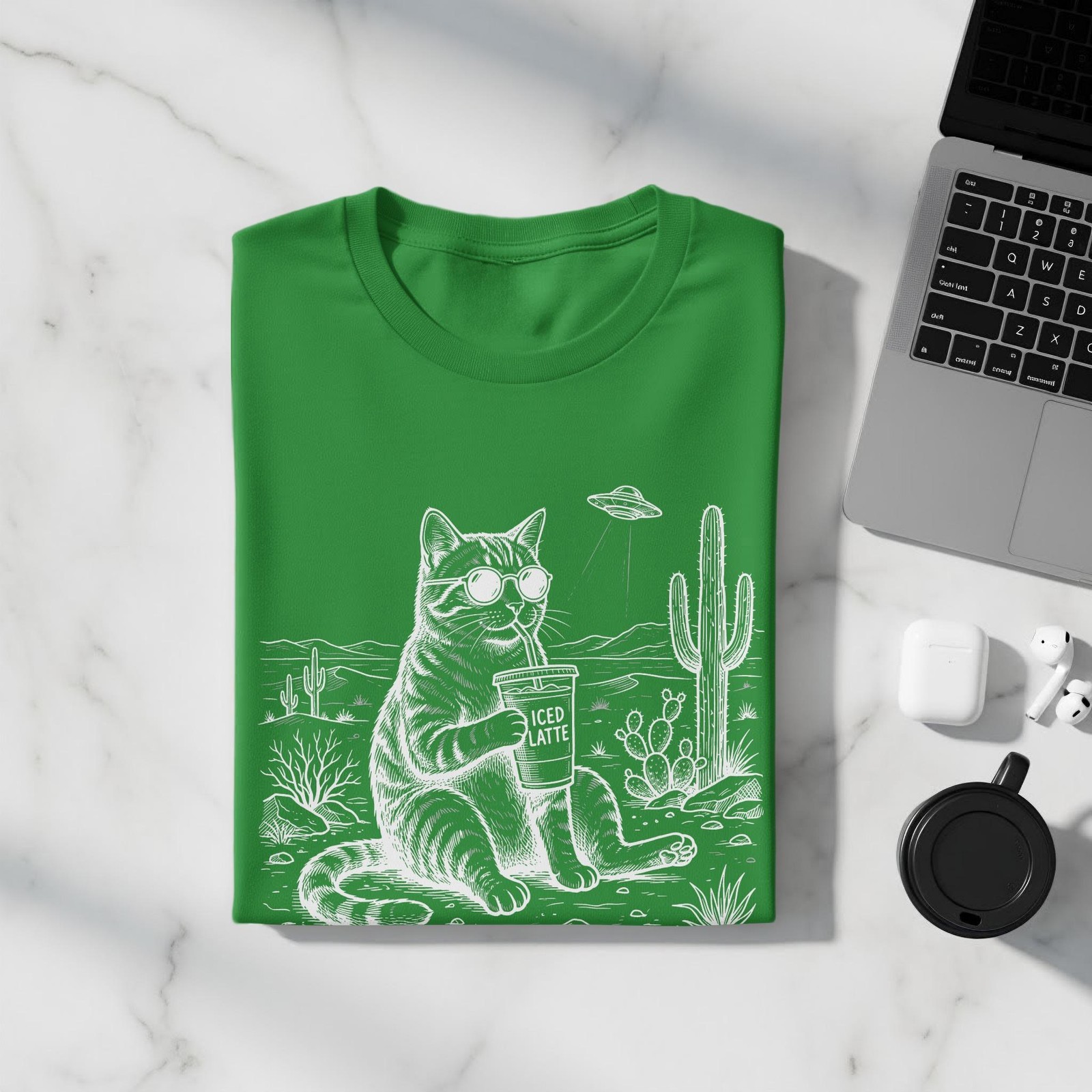 Cool Cat Iced Latte T-Shirt, Funny Tabby in Sunglasses, Desert Cactus Scene,