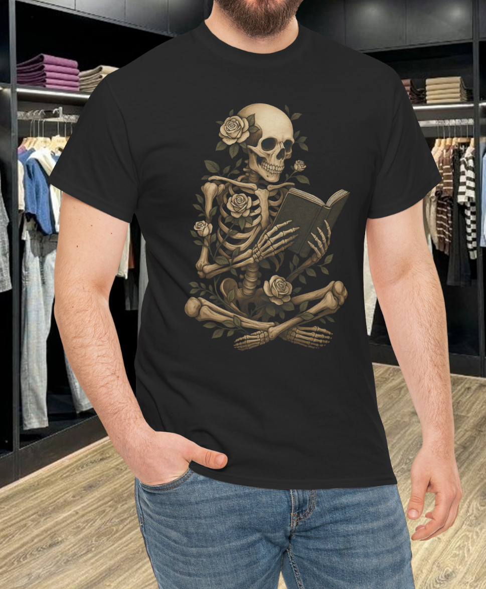 Skeleton Reading Flowers Creepy Halloween Black T-Shirt