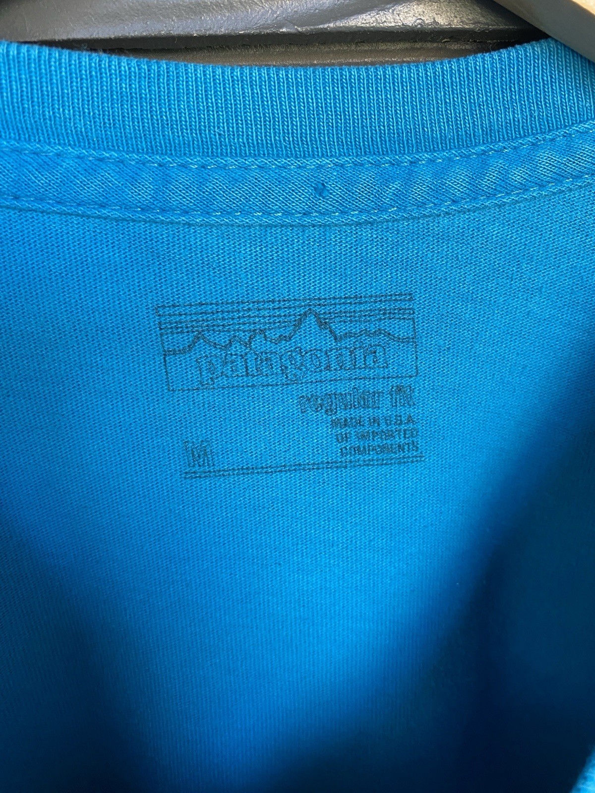 Patagonia T Shirt Sz M Blue “LIVE SIMPLY” Mountains Graphic Regular Fit USA Made