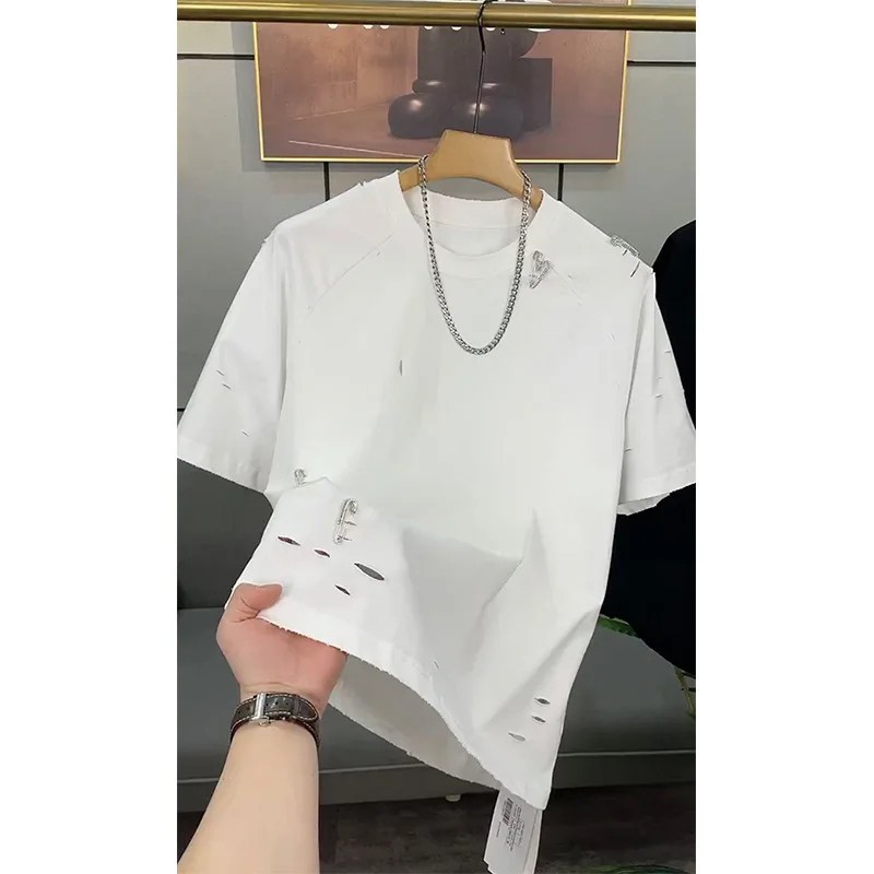 Trendy Men&rsquo;s Streetwear Distressed Cotton T-Shirt Rhinestone Pin Casual Top
