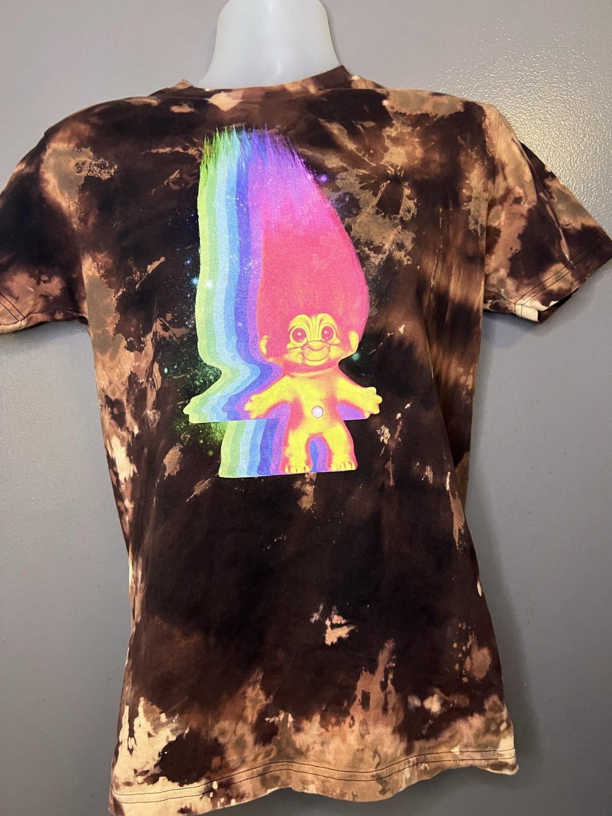Good Luck Trolls Shirt Mens Small Brown Bleach Tie Dye Rainbow Graphic Tee