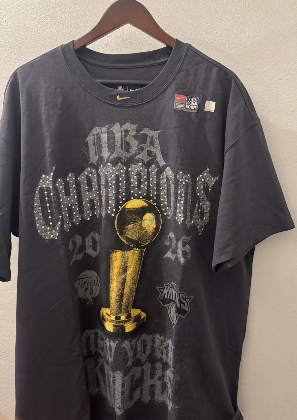 New York Knicks Nike 2026 NBA Champions Locker Room On Court Rhinestone T-Shirt