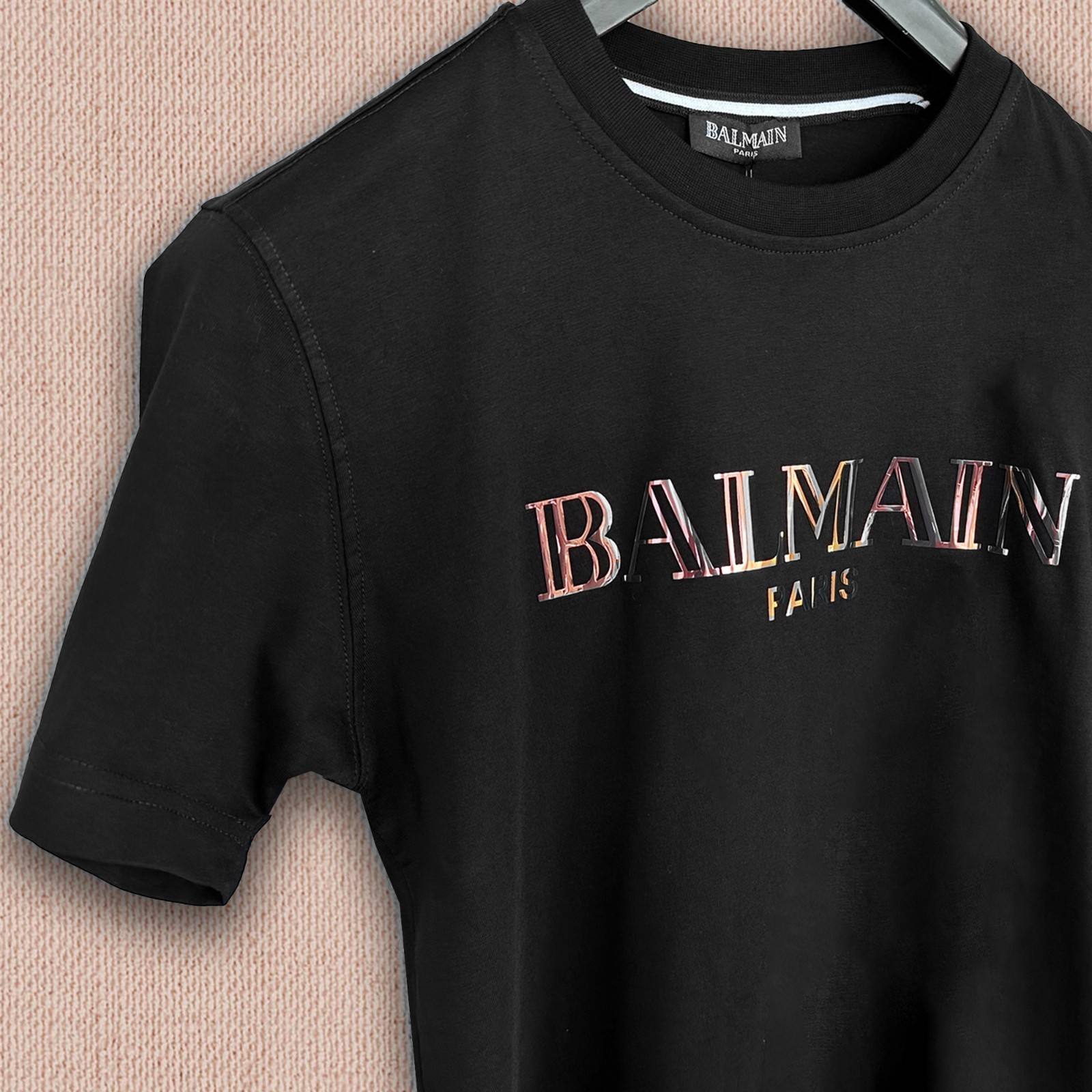 Balmain Black T-shirt — Golden Text Logo Print — Size XL — Tariff Paid