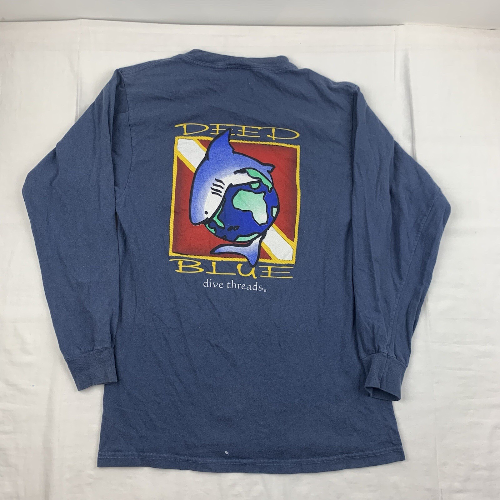 Vintage Deep Blue Dive Threads Long Sleeve Shirt Adult Medium Blue Ocean Shark