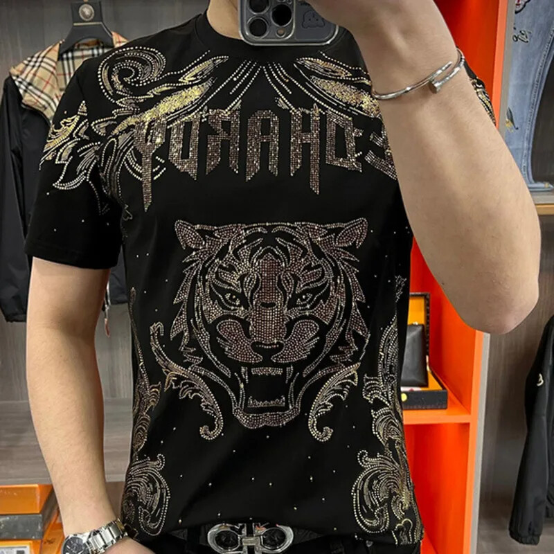 New Fashion Tiger Trend Rhinestone Summer Short Sleeve Luxury Black Men T-Shirt