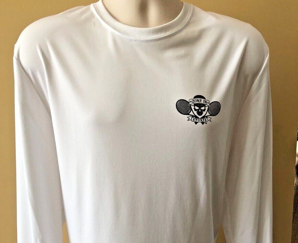 Tennis White 3.8 oz Long Sleeve « Zone In Sports » T $9.95 Great in Cooler Weather