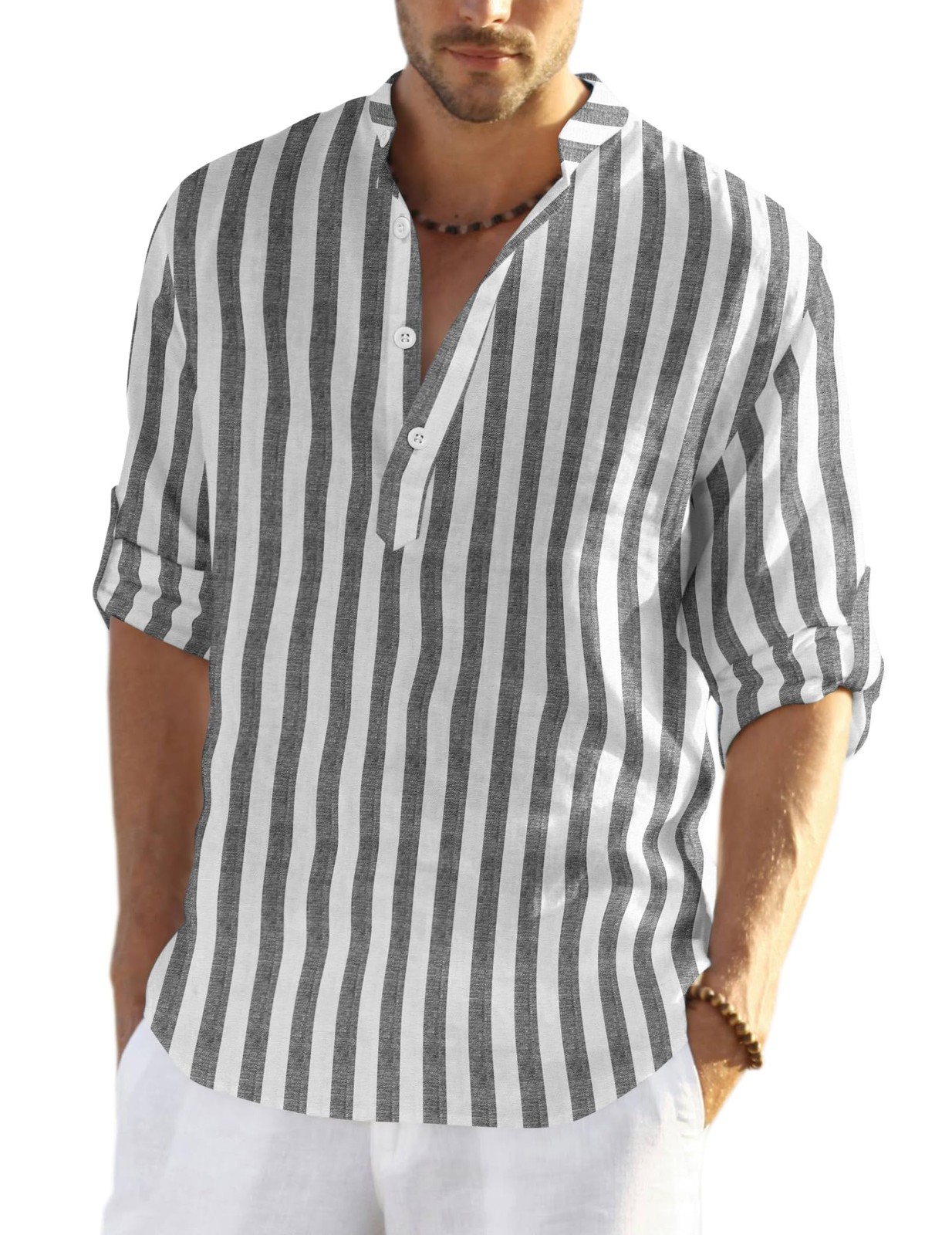 Men&rsquo;s Cotton Hemp Long Sleeve Casual Beach Henley Shirt(Black White Striped,M)