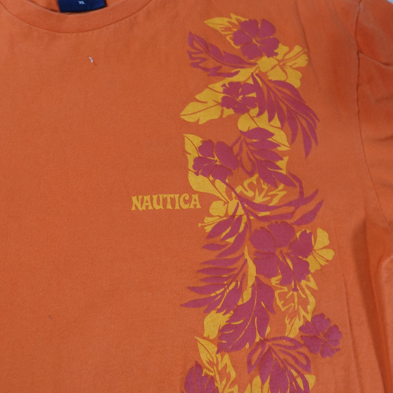 Y2K Nautica Shirt Mens XL Orange Floral Hawaiian Graphic Tee USA Summer Beach