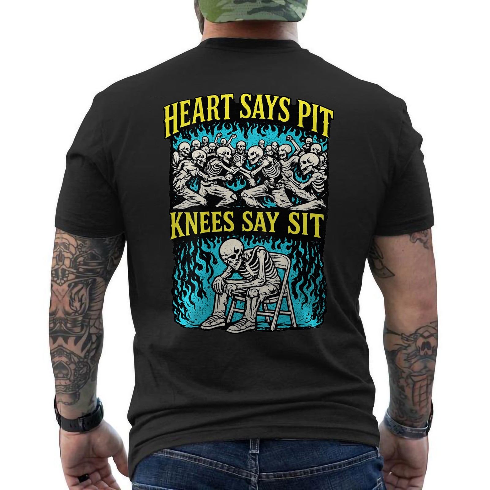 Heart Says Pit Knees Say Sit Funny Skeleton Gym And Concert ON BACK T-Shirt