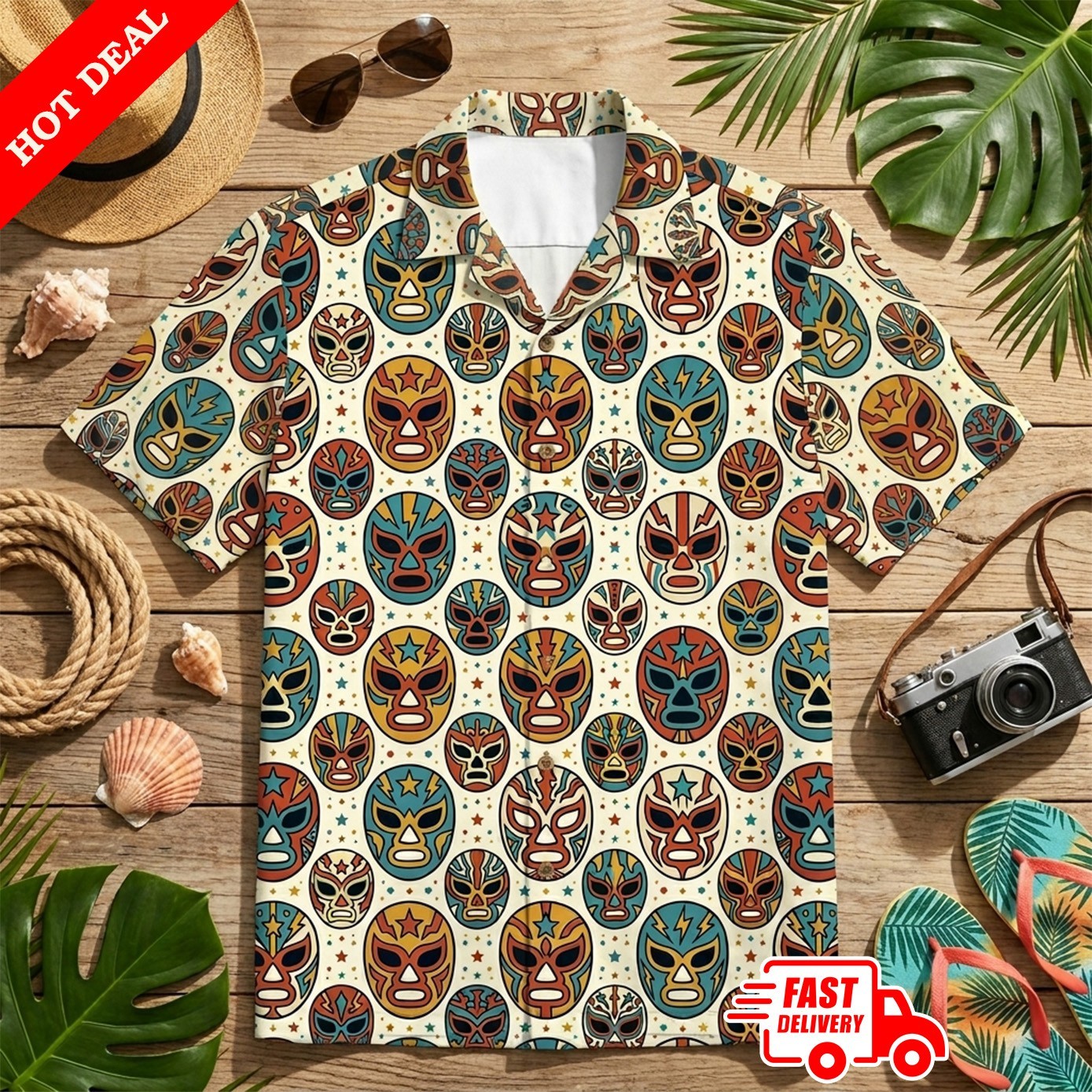 Mexican Luchador Masks Button Down Hawaiian Shirt, Lucha Libre Hawaiian Style