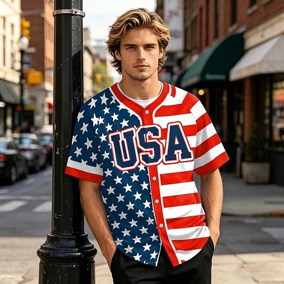 USA Flag Print Baseball Jersey Patriotic American Team Shirt Adult & Youth Sizes