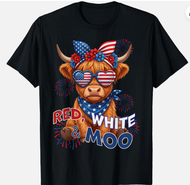 Red White and Moo Highland Cow 4th July 250 Years Patriotic Unisex T-Shirt