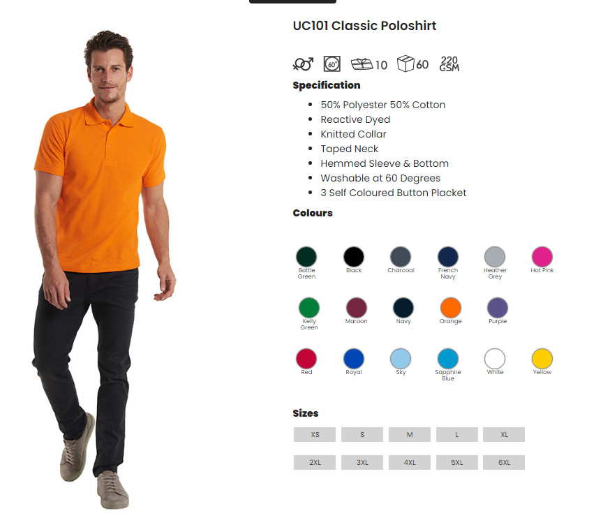 Personalised Embroidered Poloshirt Uneek UC101 Classic Workwear Polo Tee Shirts