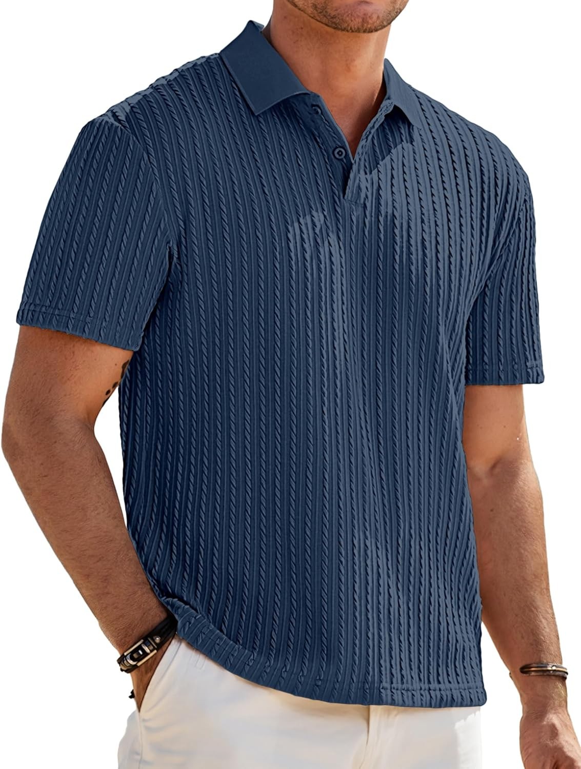 Mens Summer Casual Polo Shirt Short Sleeve Knit Stretchy Button Golf Tee Top