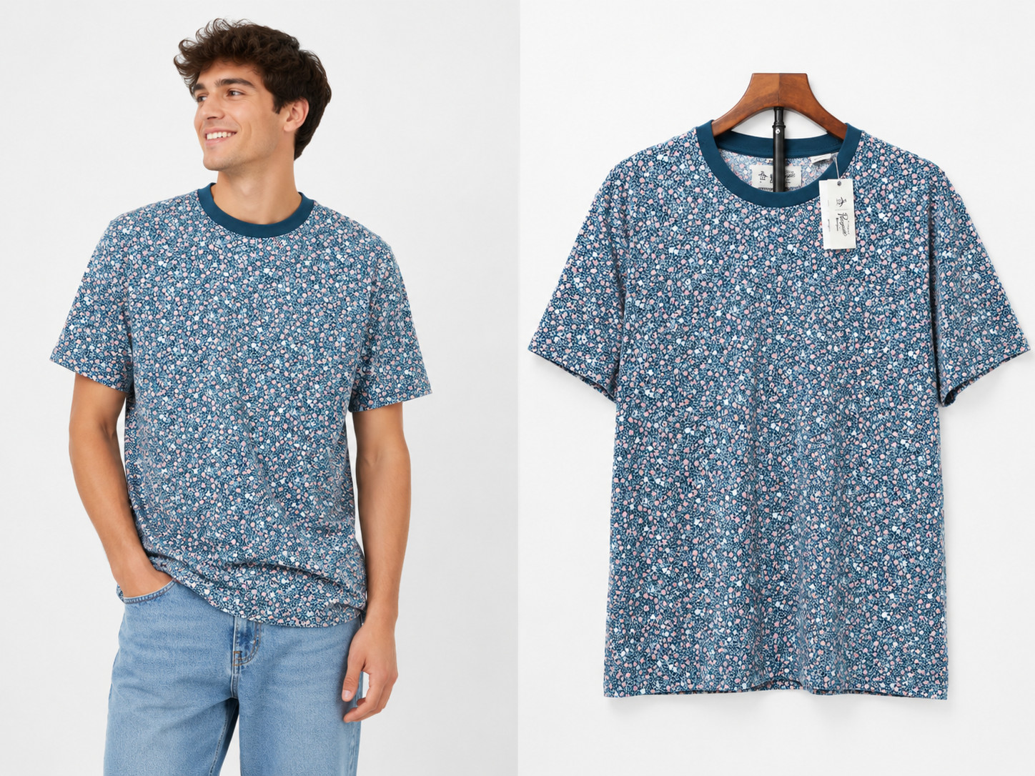 Original Penguin Men&rsquo;s Medium All-Over Ditsy Floral Printed Crew Neck Pocket Tee