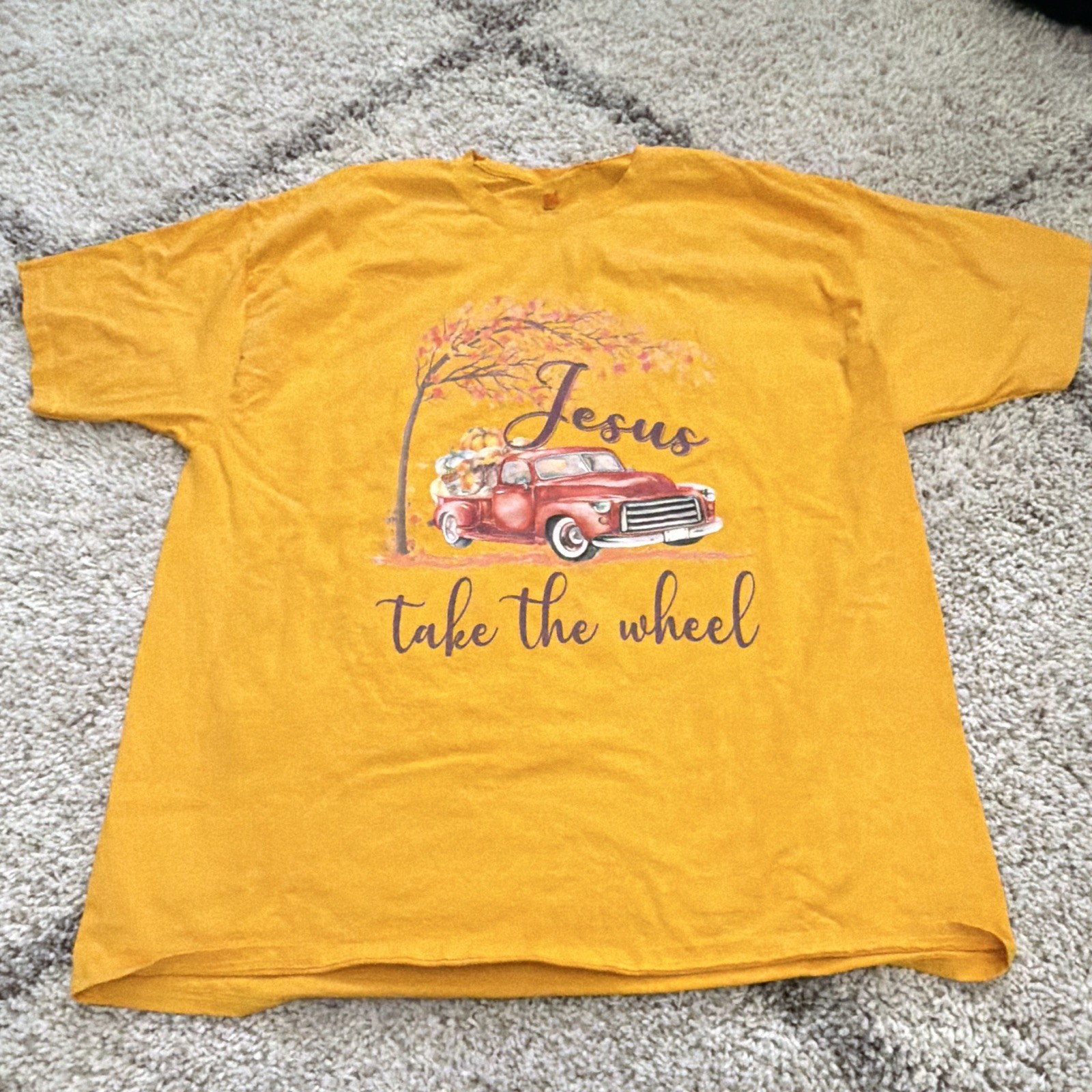 Hanes Tagless 3XL Yellow Crewneck Short Sleeve « Jesus Take the Wheel » Tee