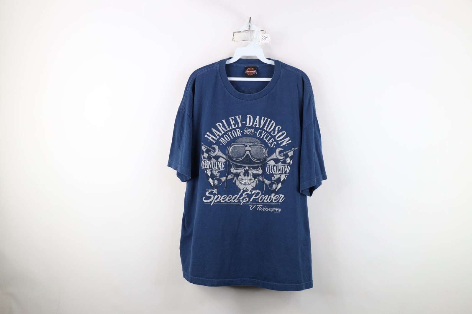 Vintage Y2K Harley Davidson Mens 2XL Faded Spell Out Skull Racing T-Shirt Blue