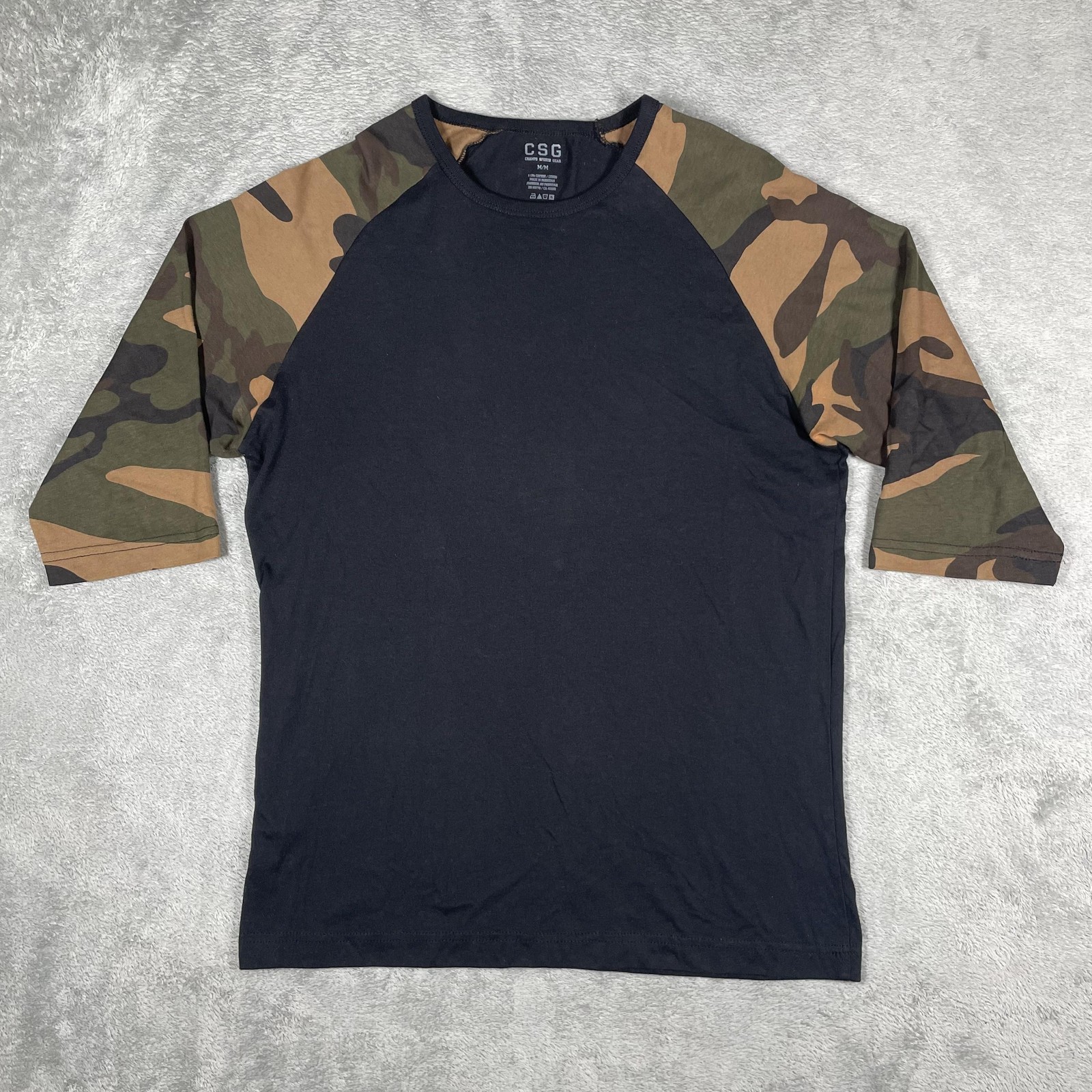 CSG Shirt Mens Medium Black Camo Raglan 3/4 Sleeve Baseball Tee Crew Neck Casual