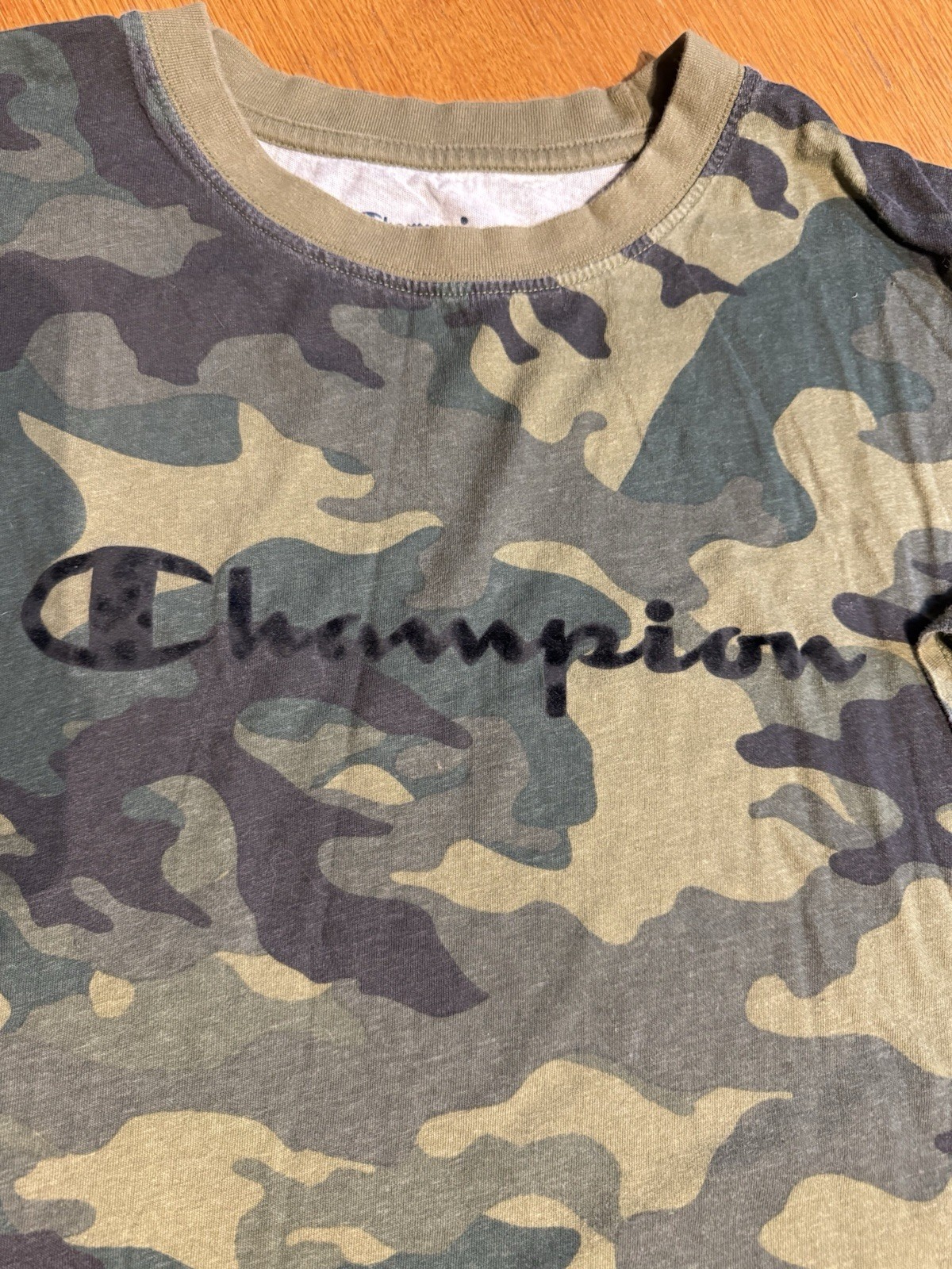 Champion Camo T Shirt 2XL Script Logo Flocked Cotton Army Green Mens