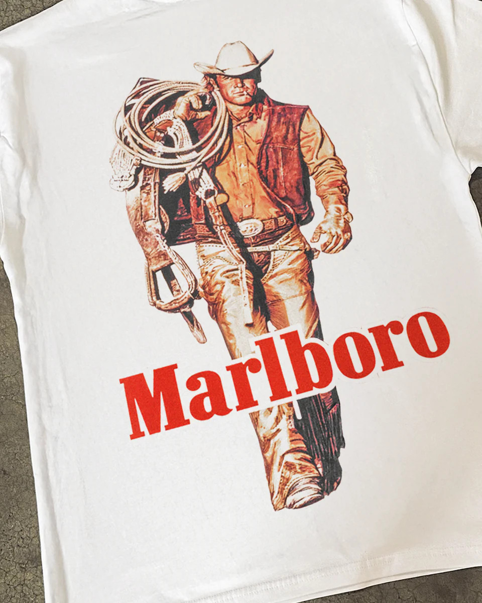 Vintage Marlboro Man Cattle Rustler T-Shirt Heavyweight White Cotton Graphic Tee