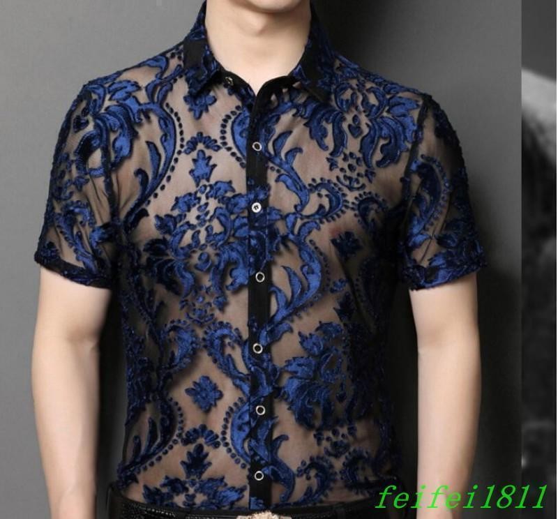 Chic Mens Hollow Out Floral Lace Shirts Short Sleeve Thin Lapel Tops Club Shirts