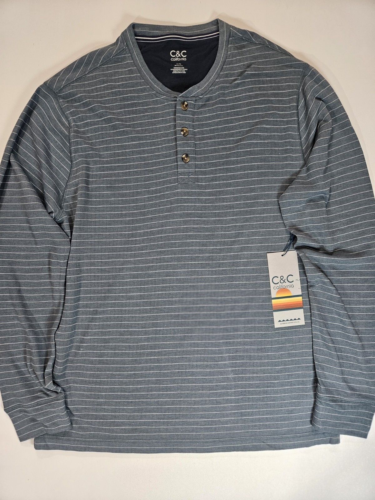 C&C California Shirt Mens XL Long Sleeve Tee Blue White Micro Stripe 1/4 Button