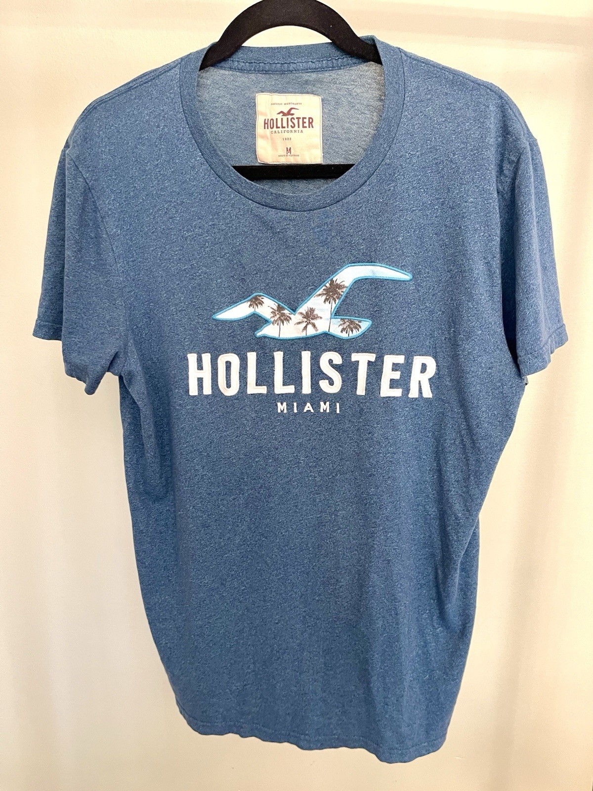 Blue Hollister Miami Men’s T-shirt Logo With Palm Trees Inside Bird Emblem SZ M
