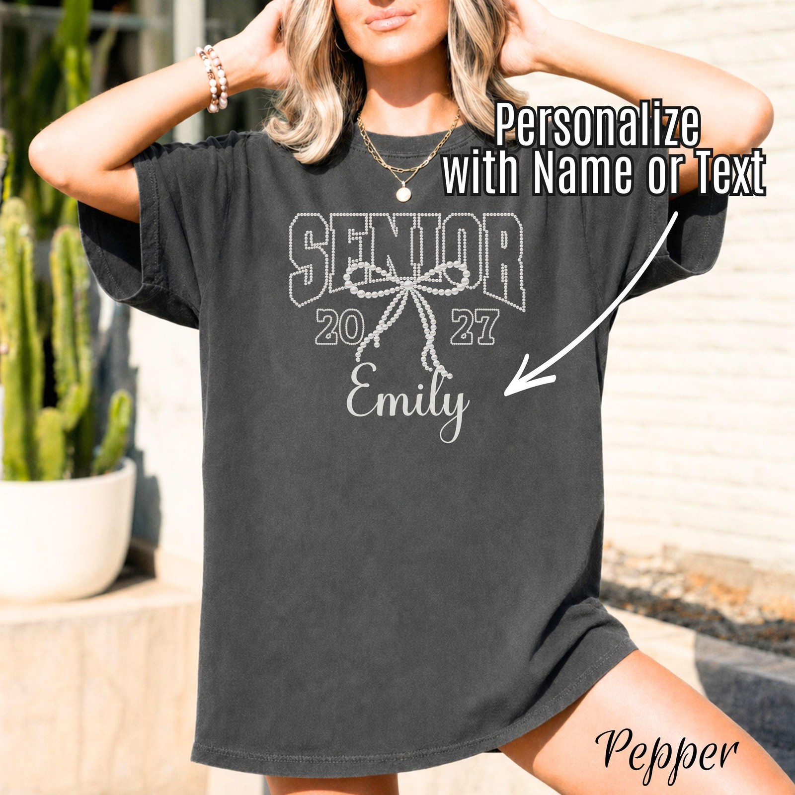 Senior Graduate Class Of 2027 Pearl Bow Varsity Personalized Name T Shirt Tee